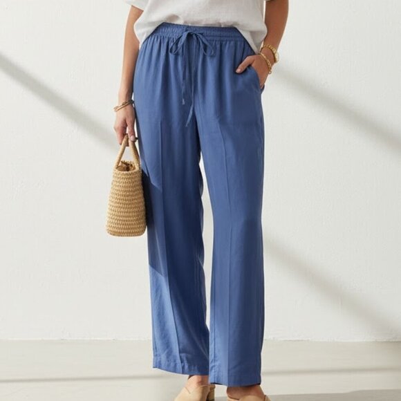 Maggy London Pants - Maggy London 100% Silk Pants Blue Drawstring Straight Leg Relaxed Fit Trousers